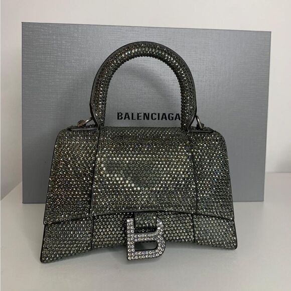 BALENCIAGA GREY HANDBAG WOMEN'S HOURGLASS XS SHOULDER STRAP WITH RHINESTONES - Picture 1 of 10